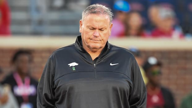 Razorbacks coach Sam Pittman on sidelines against Ole Miss on Saturday